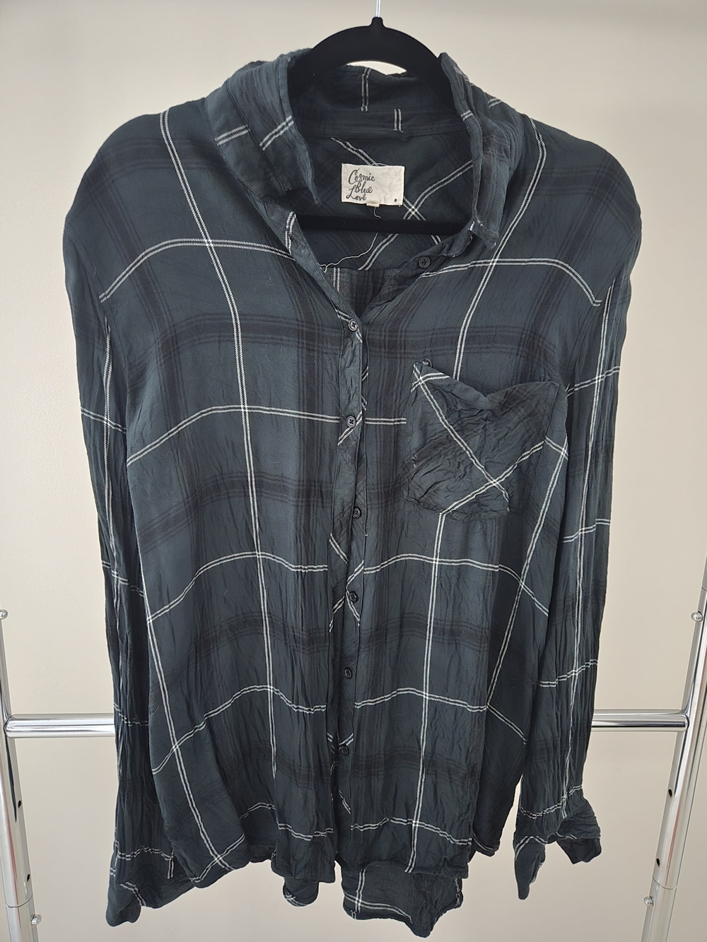 Cosmic Blue Love Green Plaid Button Down Shirt